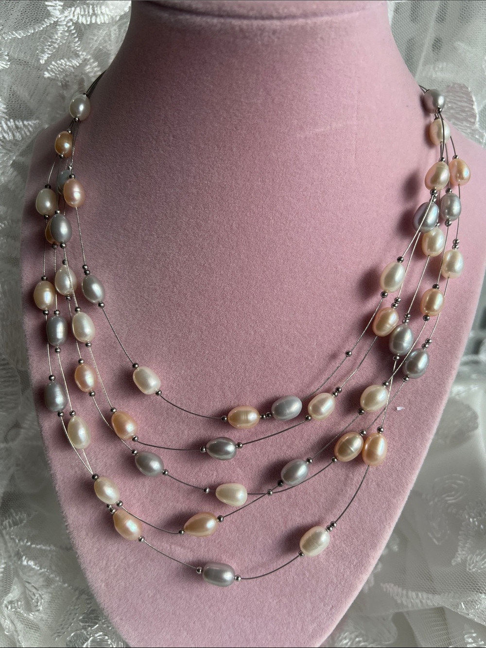 Multi-Strand Cultured Pearl Necklace in White, Silver, and Pink